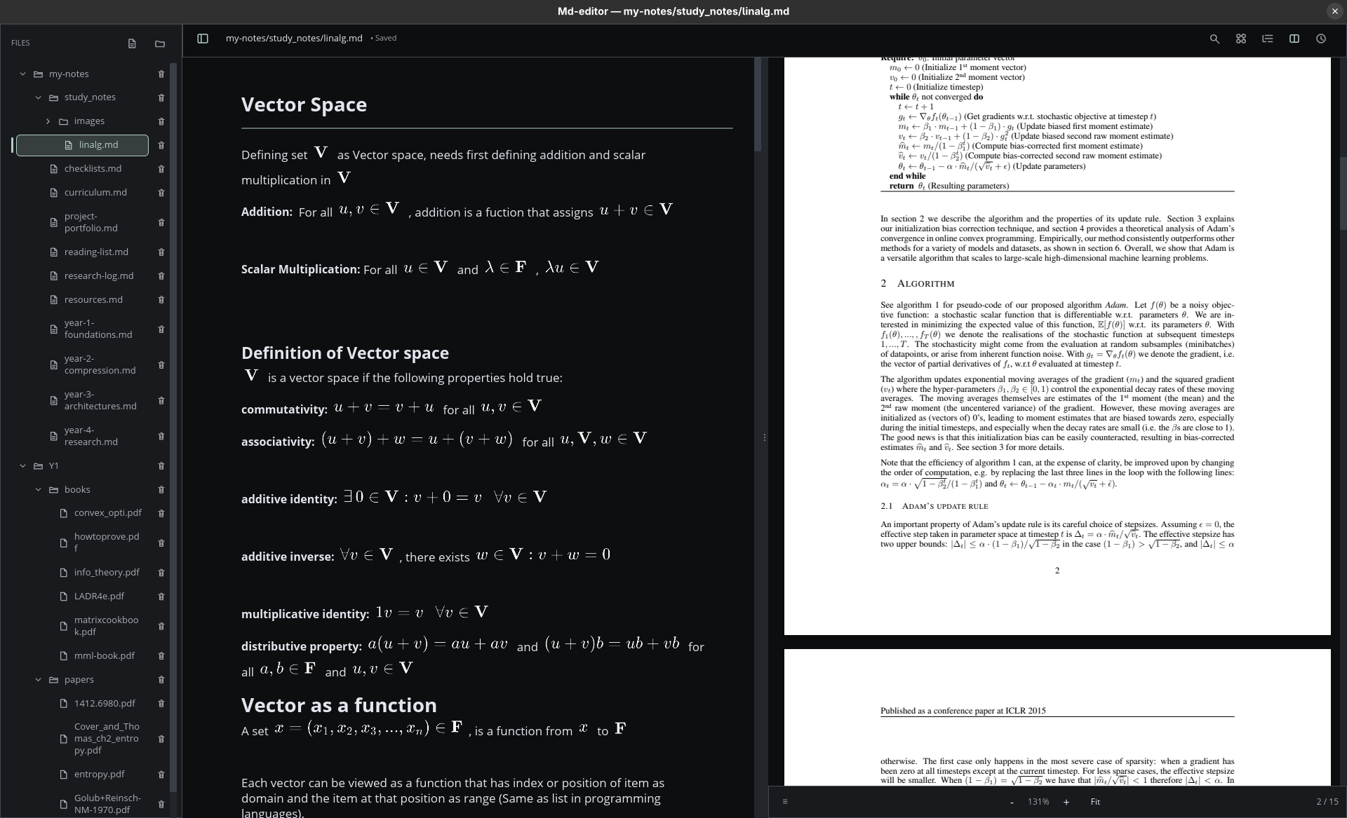 MD Editor showing a Markdown note beside a PDF
